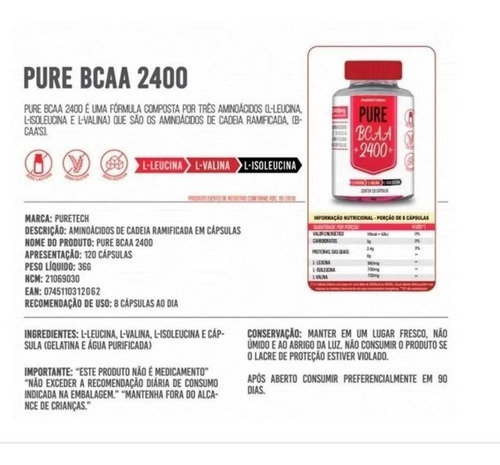 Imagem 2 de 2 de Pure Bcaa 2400 Pure Tech 120 Caps