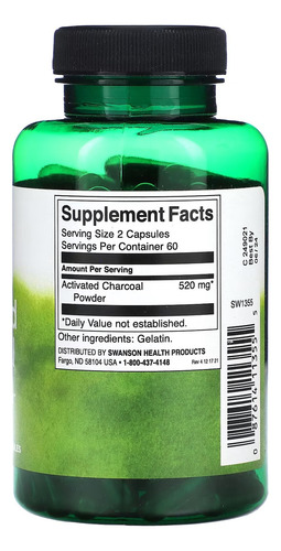 Carbón Activo Swanson Premium 120 Cápsulas De 260 Mg Sabor Sin sabor