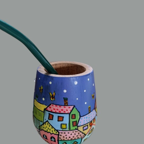 Mates De Madera Barril Algarrobo Pintado Casitas+ Bombilla Violeta Oscuro Casitas