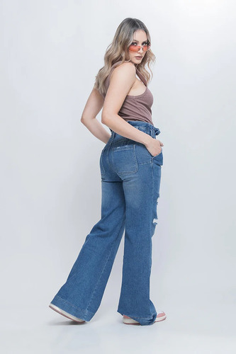 Jeans Wide Leg Rotos Con Plisado Para Mujer