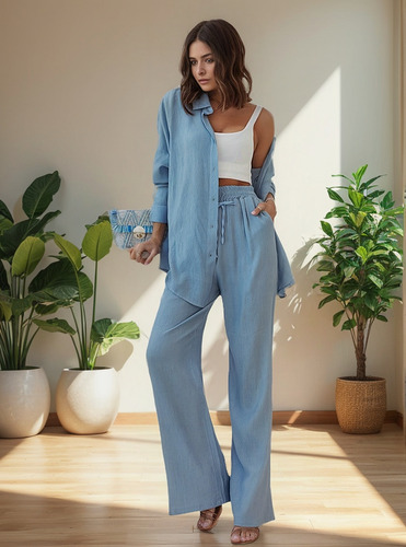 Conjunto De Camisa Holgada Manga Larga Con Pantalones
