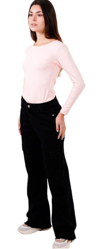 Pantalón De Jean Wide Leg Cargo Negro - Dama