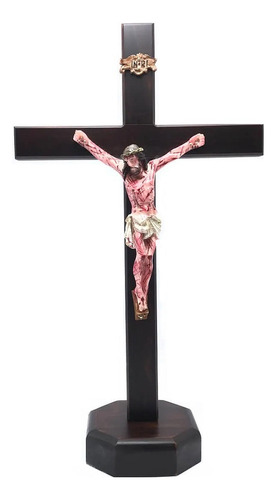 Crucifixo Mesa E Parede Madeira Cristo Chagado Resina 50 Cm
