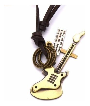 Colar Cordão Guitarra Vintage Masculino Couro Legítimo