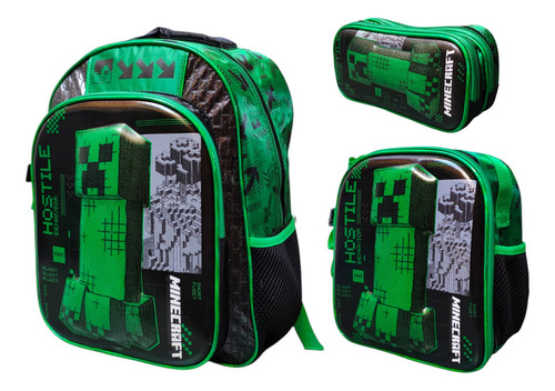 Kit Mochila Lonchera Lapicera Minecraft Movie Creeper Ruz Verde Musgo Impresion 3d