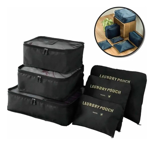 Kit Bolsas De Armazenamento Organizador Para Viagem 6 Pçs Cor Preto