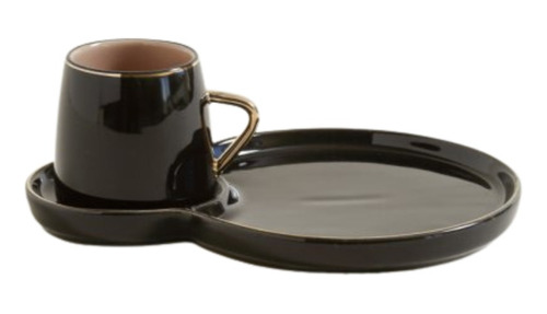 Taza Y Bandeja Elliet Negra Borde Dorado Porcelana 5onzas