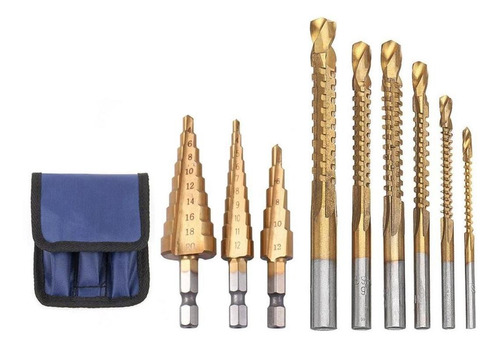 Kit Brocas Corte Lateral E Escalonadas 9 Peças Hss Titânio