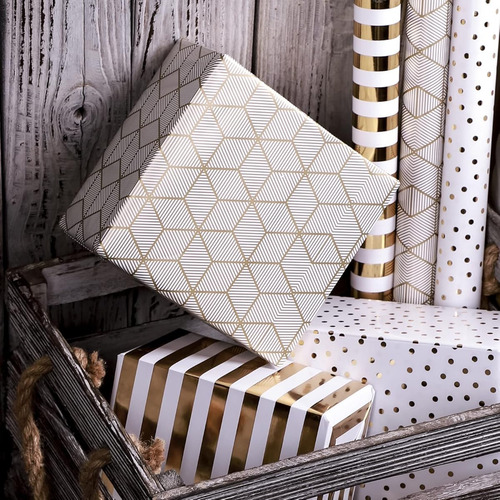 Papel Para Regalo 3 Rollos Diseño En Color Dorado Regalo
