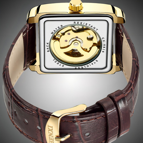 Relógio mecânico de couro oco quadrado Chenxi com fundo dourado/azul