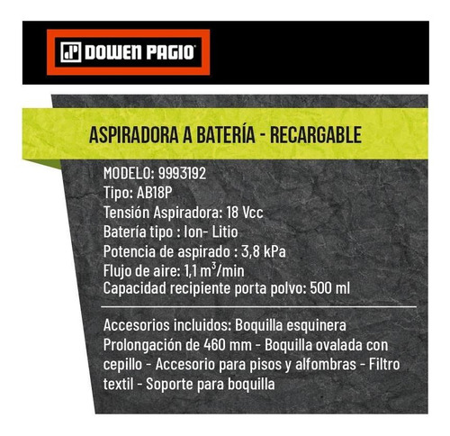 Imagen 8 de 10 de Aspiradora 18 V Dowen Pagio 9993192 Sin Bateria Ni Cargador