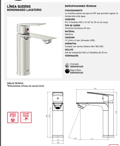 Monomando Lavatorio Llave Grifo Modelo Queens Pmb