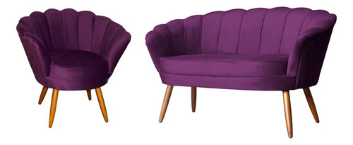 Kit Namoradeira + 1 Poltrona Pétala Veludo Roxo