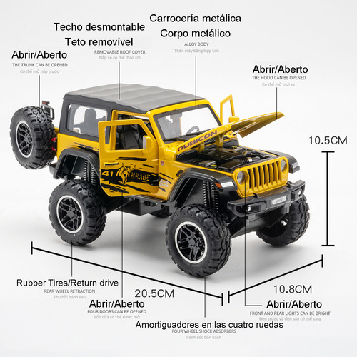 Jeep Wrangler Rubicon Miniatura Metal Coche Con Luz Y Sonido