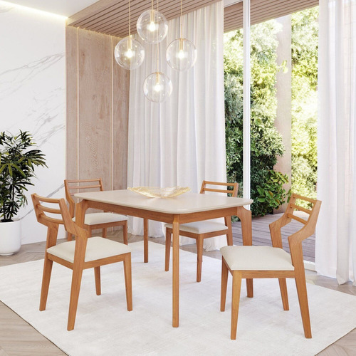 Sala De Jantar Ficus 130cm Com 4 Cadeiras Damasco Wt