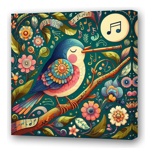 Cuadro 30x30cm Pajaro Tocando Flauta Flores Musical M3