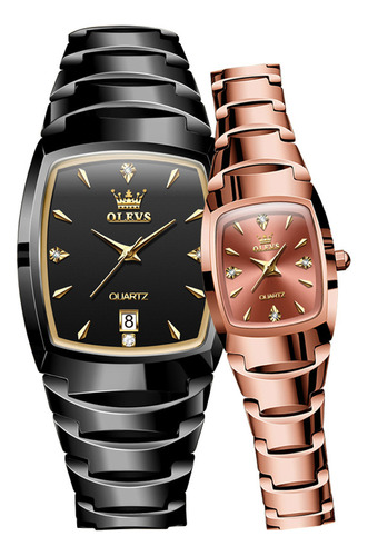 Relógios impermeáveis de luxo com calendário para casais, cor da pulseira: preto e rosé