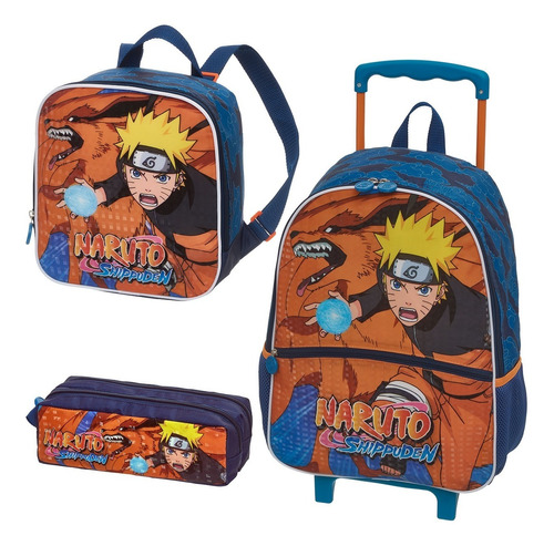 Kit Mochila Escolar Rodinha Naruto Kurama Lancheira Estojo G