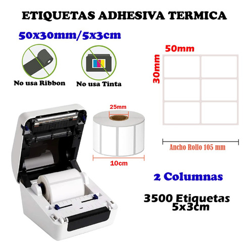 Rollo 3500 Etiqueta Termica Adhesiva 2 Columnas 5x3cm
