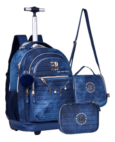 Kit Mochila Rodinhas Jeans Rb Lancheira Estojo Novidade