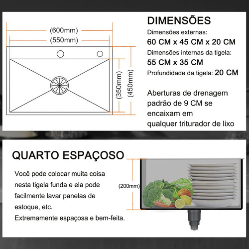 Cuba Gourmet E Extensível Torneira Gourmet 60x45 Cm Com Kit Completa Acessórios Inoxidável 304 Preto Yesop