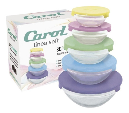 Set 5 Bowls Vidrio Con Tapa Plastica Colores Carol 