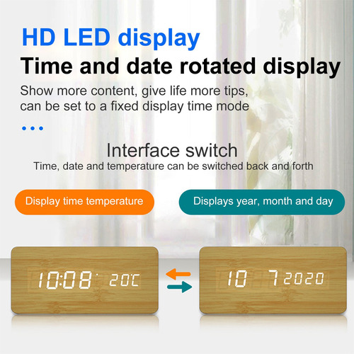 Reloj Despertador Digital De Madera Con Carga Inalámbrica
