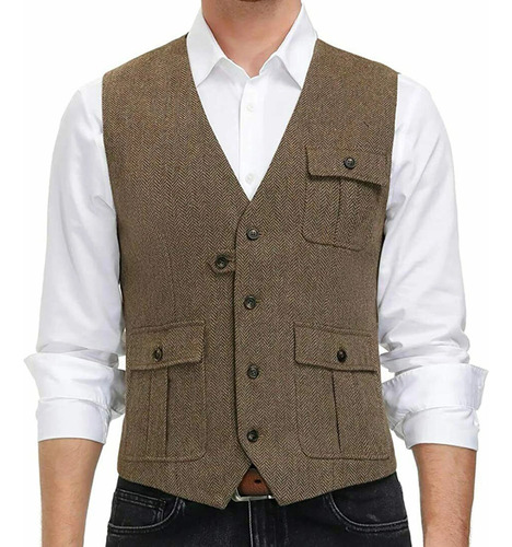 Chaleco De Hombre Marrón Con Cuello En V, Tweed, Boda, 3 Bol