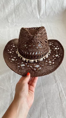 Sombrero Cowboy Calado Caracoles Vaquero Rafia Mujer Verano