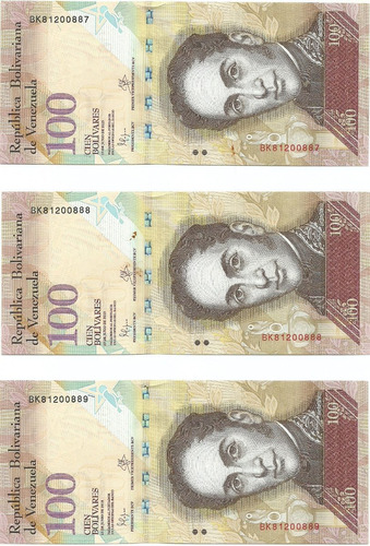 3 Billetes  Consecutivos Bsf. 100  - Bk8 Junio 23 2015  