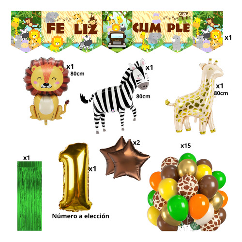 Combo Globos Animales De La Selva Safari Banderin Numero Dorado Numero 2
