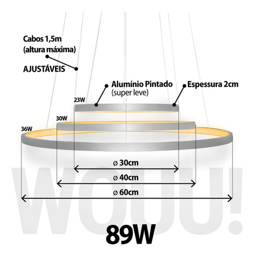 Lustre Led Moderno Pendente Anéis Led 89w 3 Arcos Preto