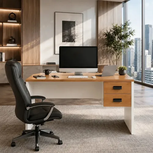 Escrivaninha Londres 118cm Com 2 Gavetas Corrediças Telescópicas Mesa Para Computador Home Office Estudo Escritório Mdf Mdp Moderna Resistente Funcional Organizador Para Quarto Branco/canela