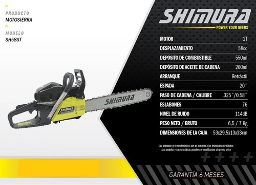 Imagen 2 de 4 de Motosierra Shimura 58cc 2t Espada 20 + Cadena Extra Sh58st