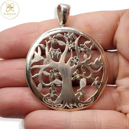 Imagen 2 de 6 de Dije Plata Arbol De La Vida Calado Con Buho 40mm