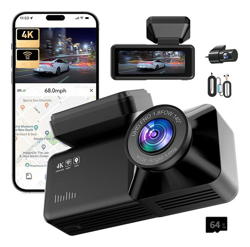 4k Cámara Para Auto, Dual Dash Cam Con Gps Y Wifi Con 64 Gb