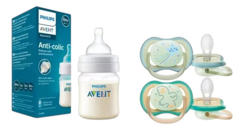 Set Recien Nacido Avent Refresh 1 Mamadera 125ml 2 Chupete Color Verde