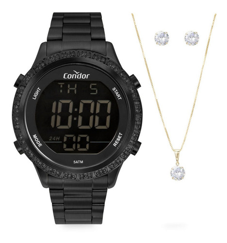 Kit Relógio Digital Feminino Condor Preto E Semijoia
