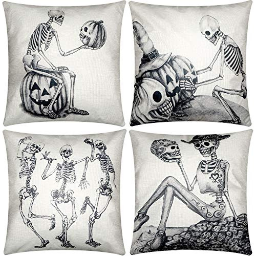 4 Pieces Halloween Throw Pillow Cover Skeleton Skull Pi...