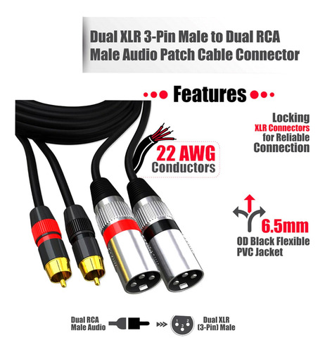 Divisor De Cable Rca A Xlr 2 Rca Macho A 2 Xlr Macho Para 1m