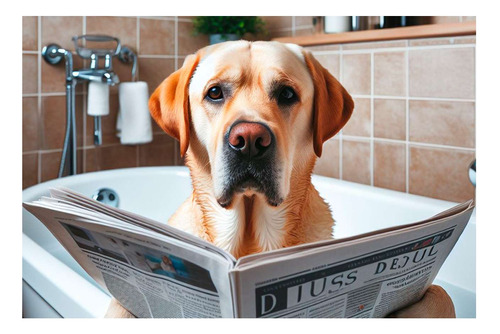 Vinilo 40x60cm Labrador Perro Relajado Leyendo Diario