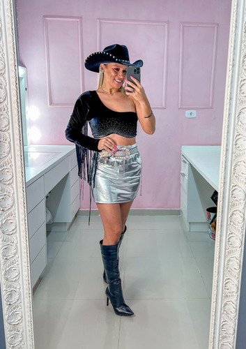Cropped Manga Única Veludo Com Franja Brilho Sexy