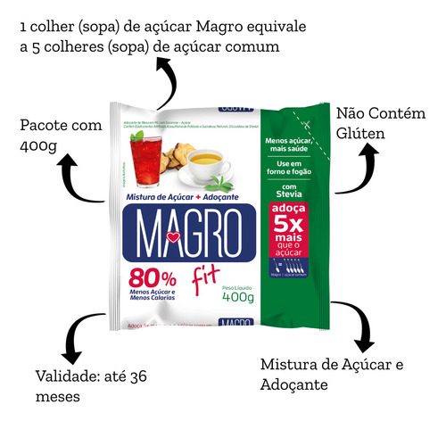 Açúcar Fit Com Stevia Sem Glúten Magro 400g - Kit Com 10