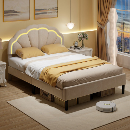 Base De Cama Con Luz Led Beige Matrimonial Gpl
