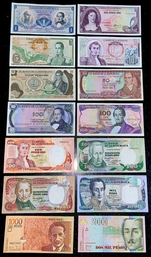 14 Billetes Colombia 1 Peso Hasta 2000 Pesos Originales .