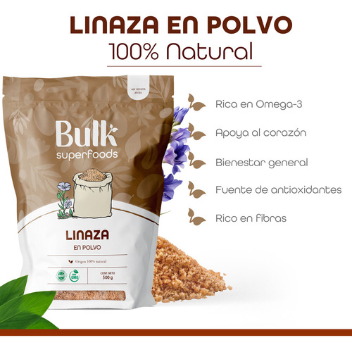 BULK SUPERFOODS - Linaza En Polvo 500g - Suplemento Alimenticio 100% Natural - Sin AzĂșcar y Sin GMO - Alta En Fibra - Ideal Para Batidos, Panes Y Galletas