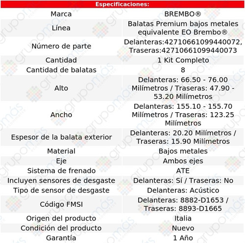 Set Balatas Bajos Metales Delanteras Y Traseras Mkz 15 Al 16