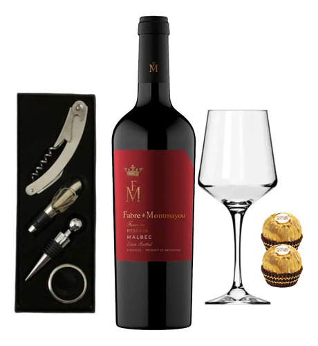 Set Kit Vino 4 Piezas Caja Regalo + Fabre Malbec + Bombones