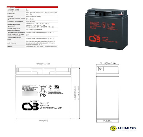 Bateria 12v 17ah Csb No Break Apc Sms Gp12170