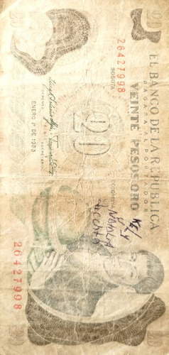 Numismática Billete 20 Pesos Oro Colombia